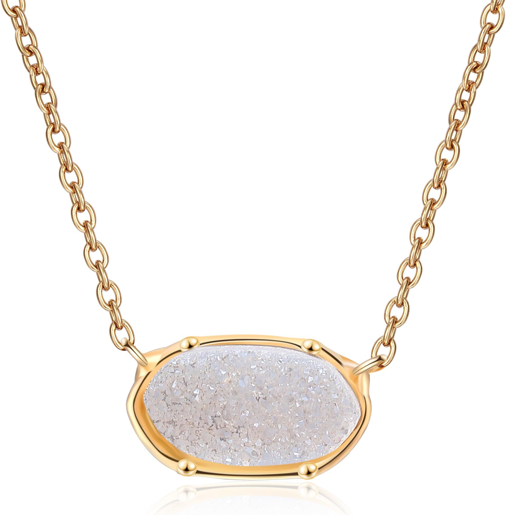 Ambrum Natural Crystal Drusy Necklace Gold Plated Oval Gemstone Chakra Jewelry for Women 18"+2" Extender