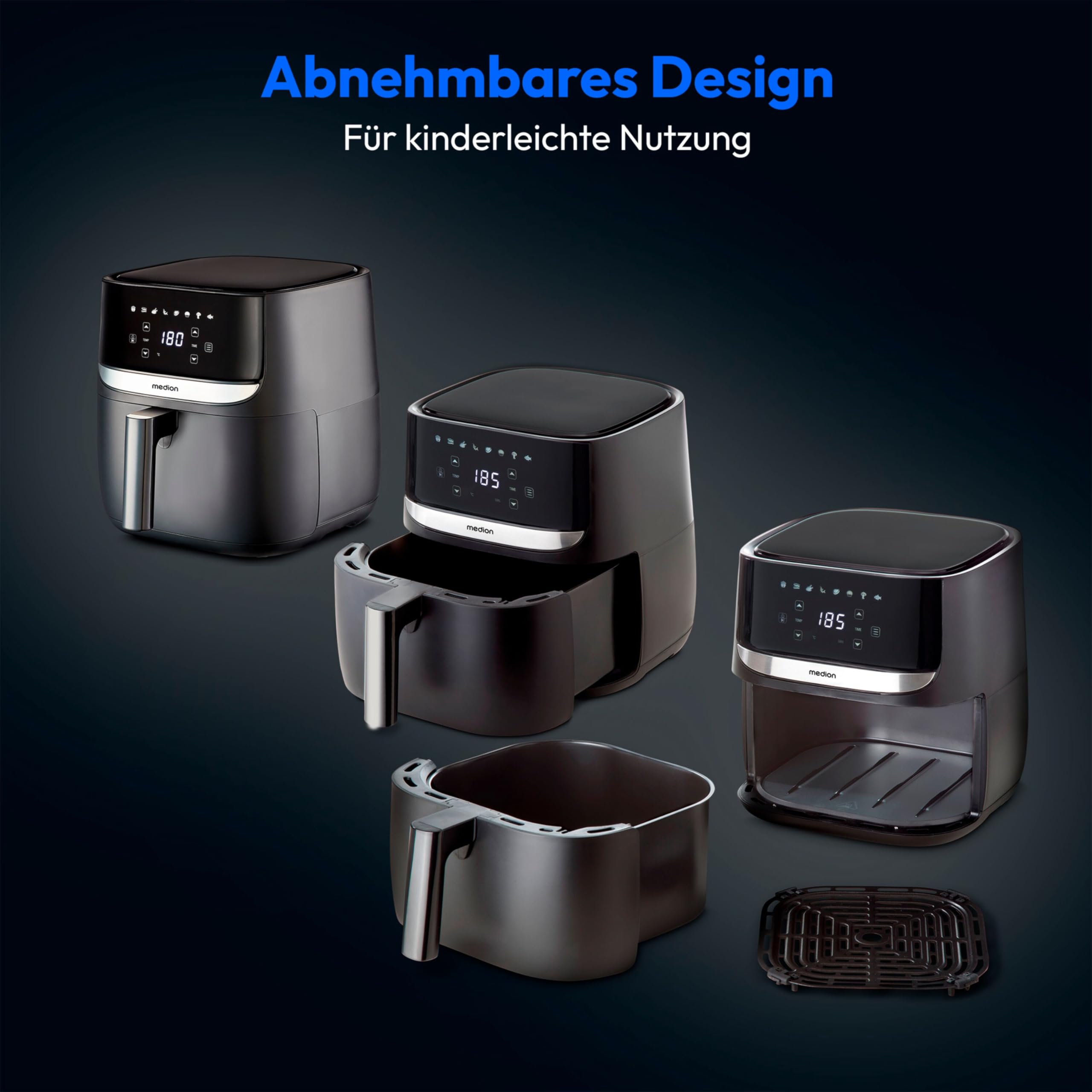 MEDION E50 XL Heißluftfritteuse (5,7 Liter, Airfryer, ca. 1700 Watt, Digitales Bedienfeld, 8 Automatikprogramme, ölfreies Frittieren, 30 Min Timer, Überhitzungsschutz, MD10532) 5