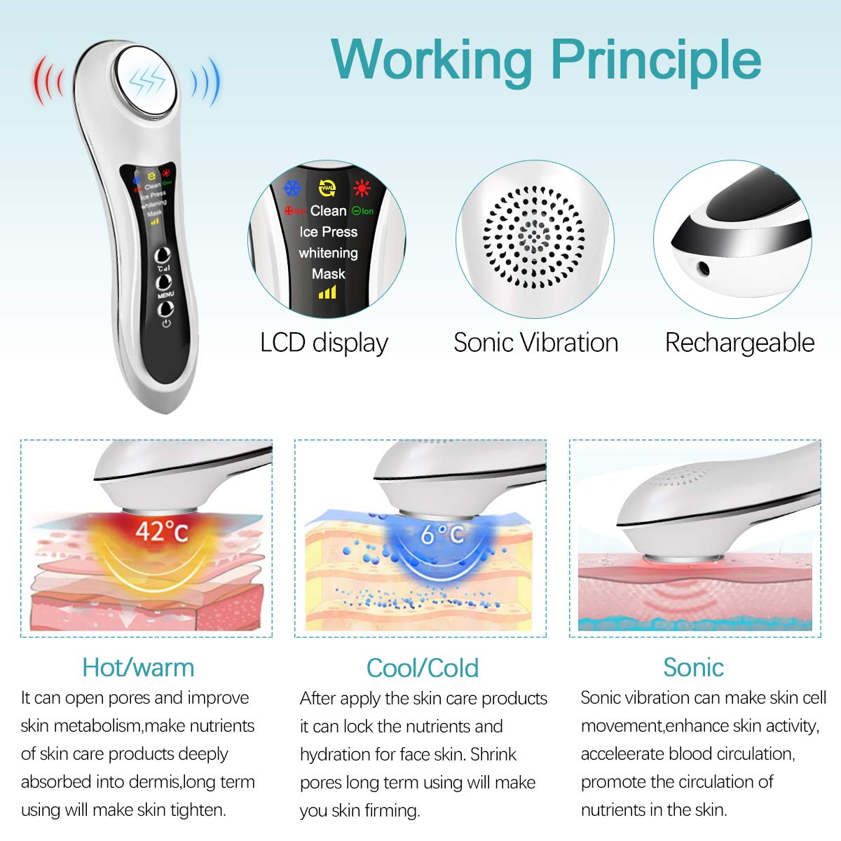 Hot and Cold Face Massager Ion Facial Device Skin Firming Face Toning Machine Sonic Beauty Device for Wrinkle Removal, Anti Aging, Deep Cleaning Skin Toning Massager: Beauty