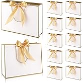 12Pcs Gift Bags Medium Size with Handles,12.5x9.8x4.3in White Gold Thank You Bags Holiday Gift Wrap Bags Bulk with Bow Ribbon for Wedding, Birthday, Bridesmaid, Baby Shower, Party Favors, Thanksgiving, and Groomsmen