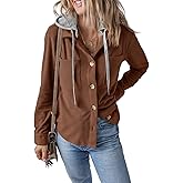 HERILIOS Womens Long Sleeve Button Down Shirt Corduroy Shacket Jacket Casual Fall Solid Short Hooded Coats