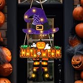 Briwooody Light up Halloween Witch Door Decor Wooden Hanging Welcome Sign | LED Halloween Purple Witch Hat Hanger Wreath, Lighted Trick or Treat Front Door Decoration for Farmhouse Porch Wall Outdoor