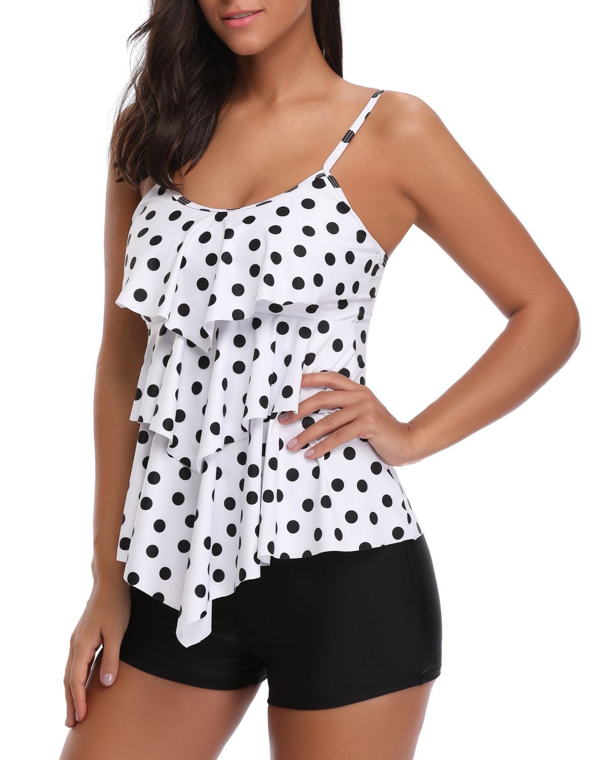 Women Ruffle Padded Push Up Two Pieces Tankini Swimsuit Swimwear Tankini Top Set with Boyshort Bathing Suit Polka Dot M