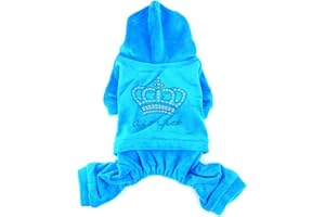 SMALLLEE_LUCKY_STORE Pet Clothes for Small Dog Cat Soft Velvet Crown Jumpsuit Coat Hooide Pajamas Tracksuit Blue XS