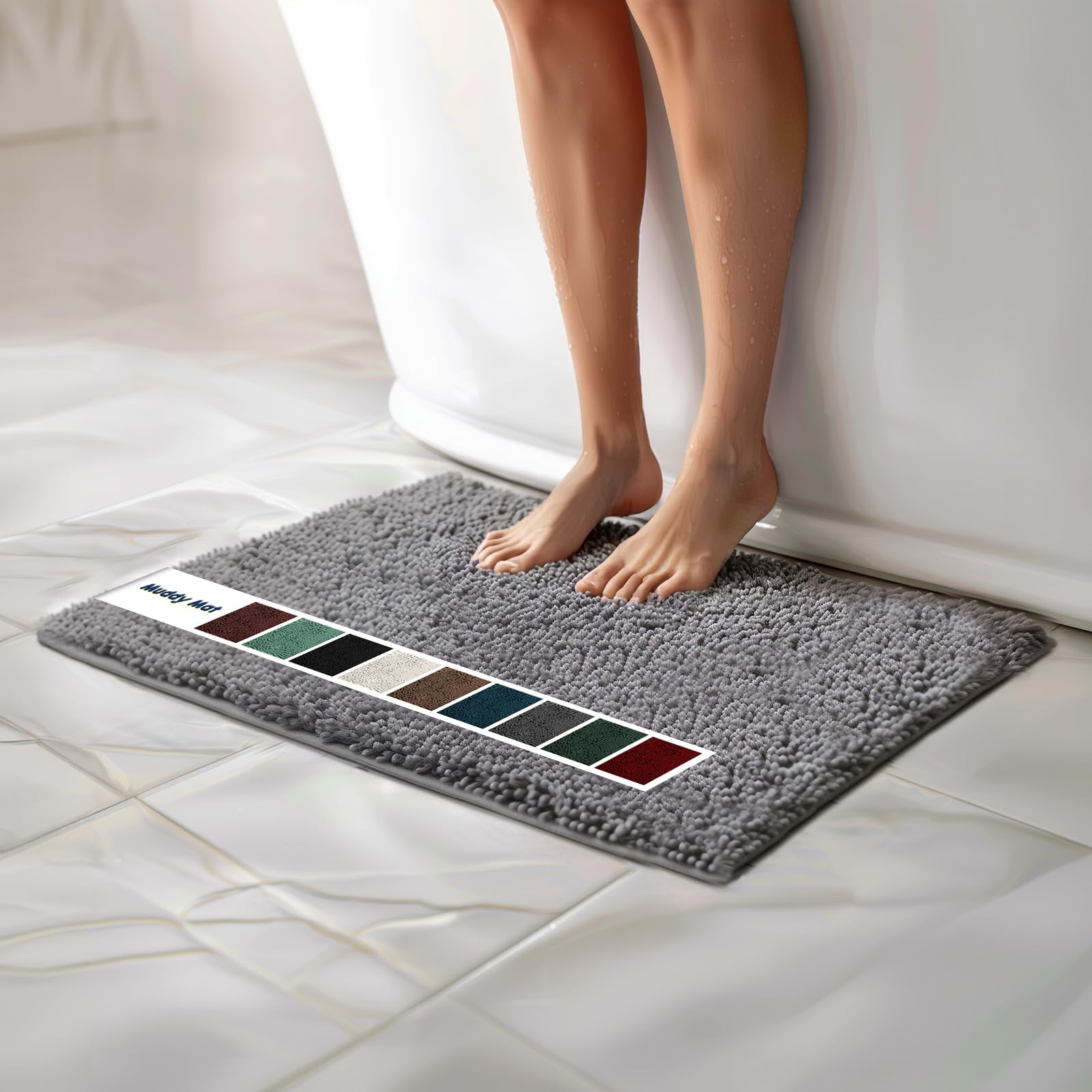 Photo 1 of Muddy Mat Chenille Bathroom Rugs Quick Dry Microfiber Mats Non Slip Washable, Extra Thick, Soft and Highly Absorbent Bath Mats for Bathroom, Kitchen, and Shower Floor - Grey Small 28"X18"
