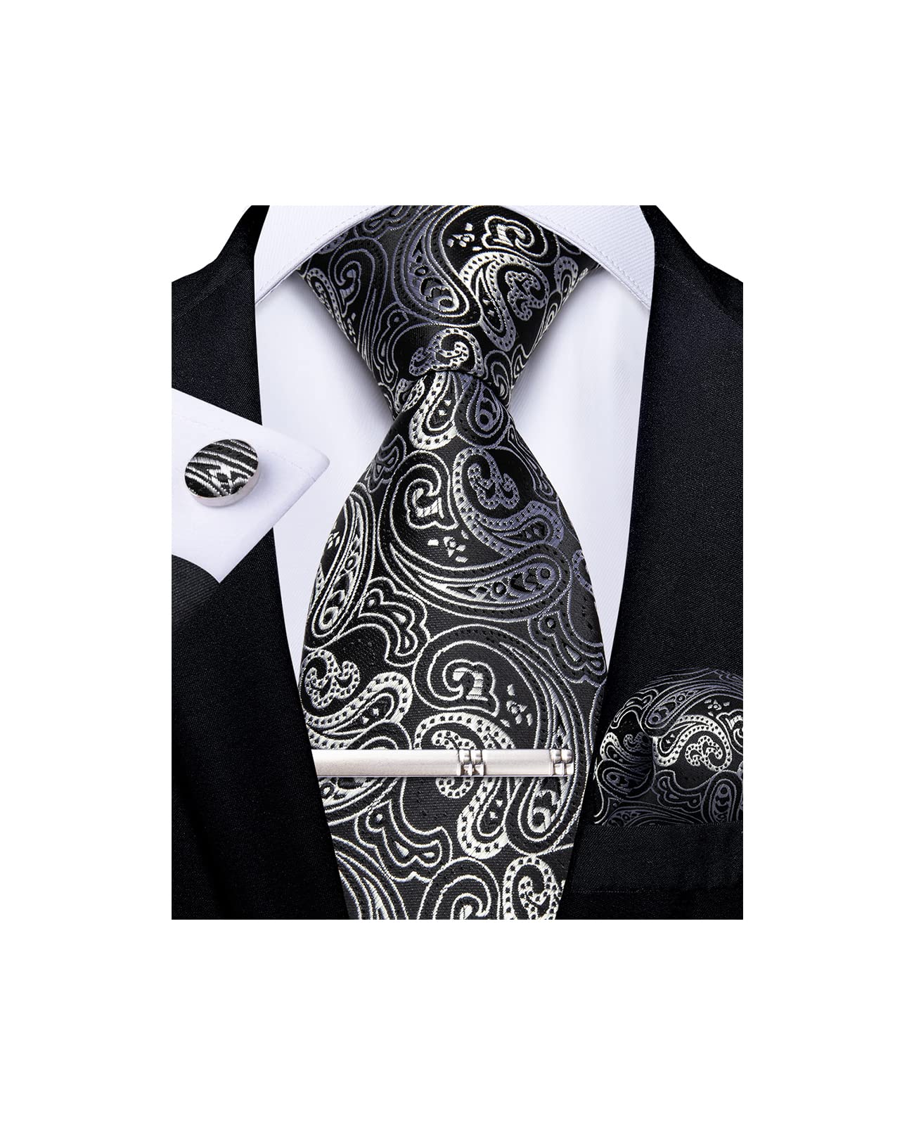 DiBanGu Silver Paisley Tie Silk Woven Necktie and Pocket Square Tie Clip Set for Men with Gift Box