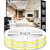 100FT COB Led Strip Lights, Uniform 6500K COB Rope Light,Bright Daylight White lights,High Density,App/Remote Control,Indoor 24V Cuttable Cabinet Lights for Bedroom,Bookshelf,Showcase,Kitchen