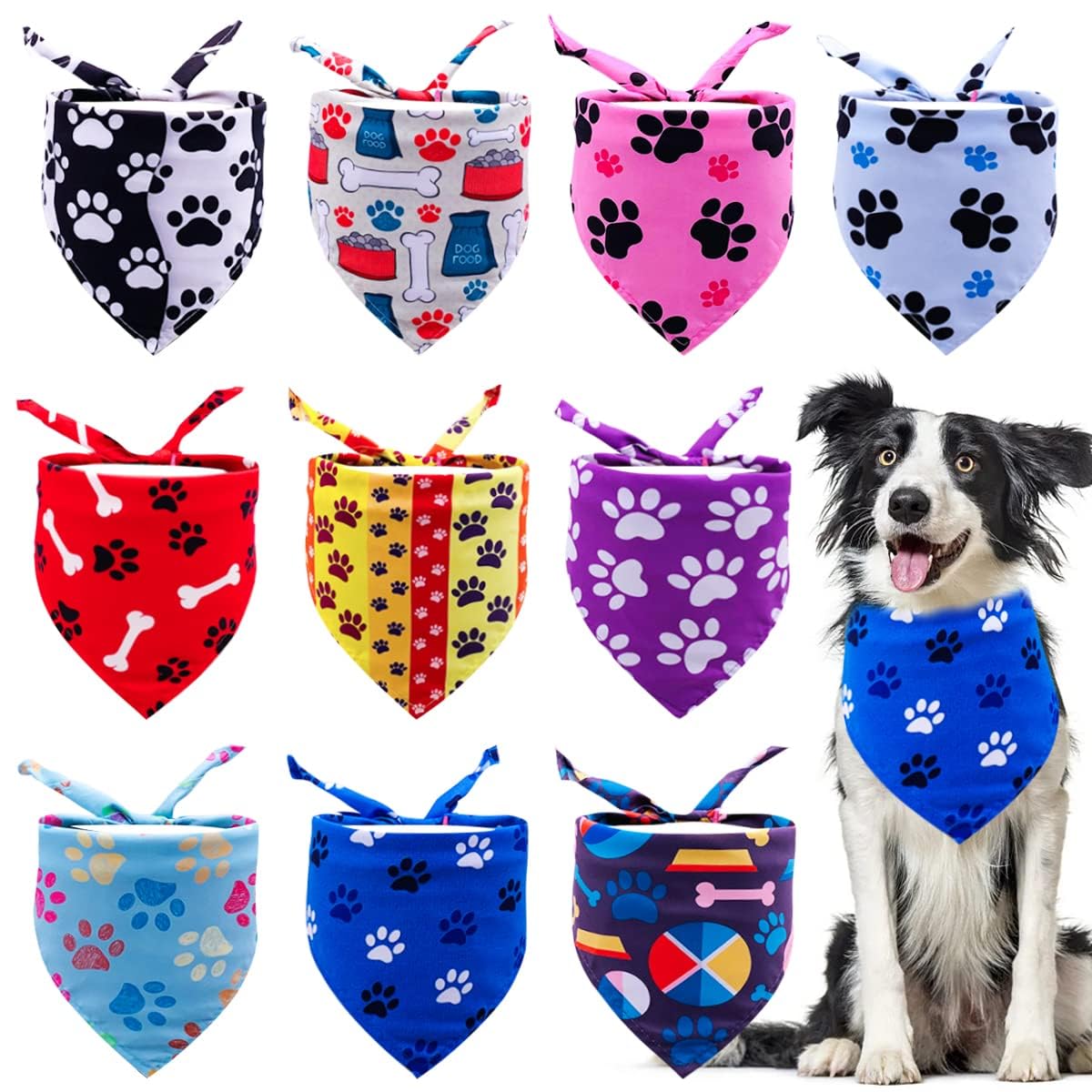 JpGdn 10pcs Pack Dog Bandanas Paw Pattern Triangle Scarf for Small Medium Large Dogs Cats Pigs Soft Bibs Washable Pet Neckerchief Dog Grooming Accessories Costume (Size M, 10 colors)