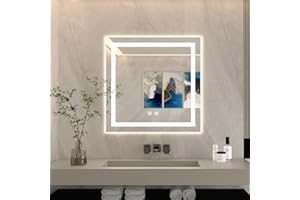 BuLife 24 X 24 Inch Square LED Bathroom Vanity Mirror, 3 Colors Light Dimmable, Wall Mounted Memory Lighted Makeup Mirror with Anti-Fog Touch Switch (Front-lit&Backlit)