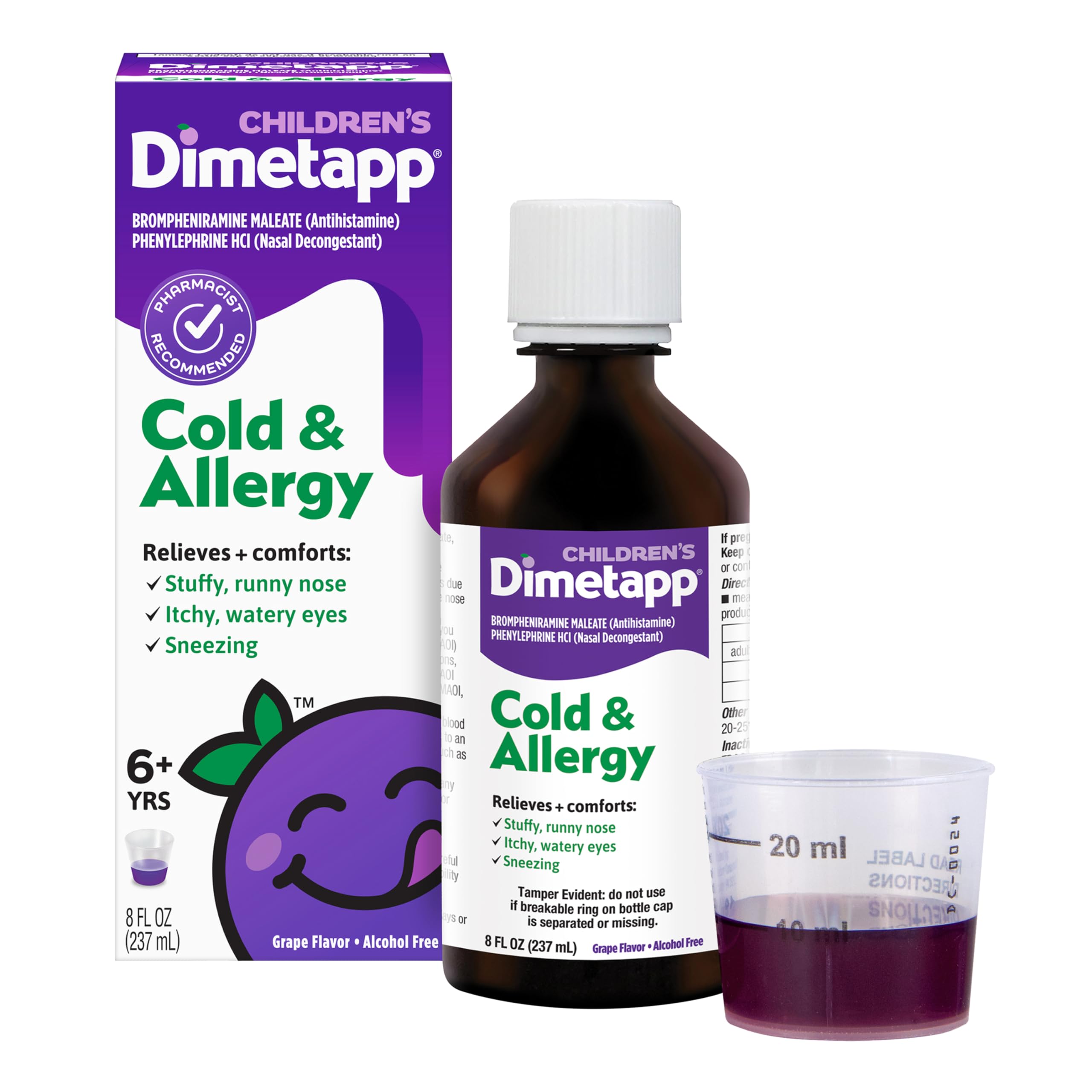 Dimetapp Children’s Fast-Acting Cold & Allergy Medicine, Antihistamine, Relieves Runny Nose, Sneezing, Itchy, Watery Eyes & Itchy Throat, Grape Flavor, Alcohol-Free, Phenylephrine-Free, 8 FL OZ