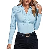 LYANER Women's Rib Knit Collar Deep V Neck Ruched Buttons Long Sleeve Bodysuit Leotard Top