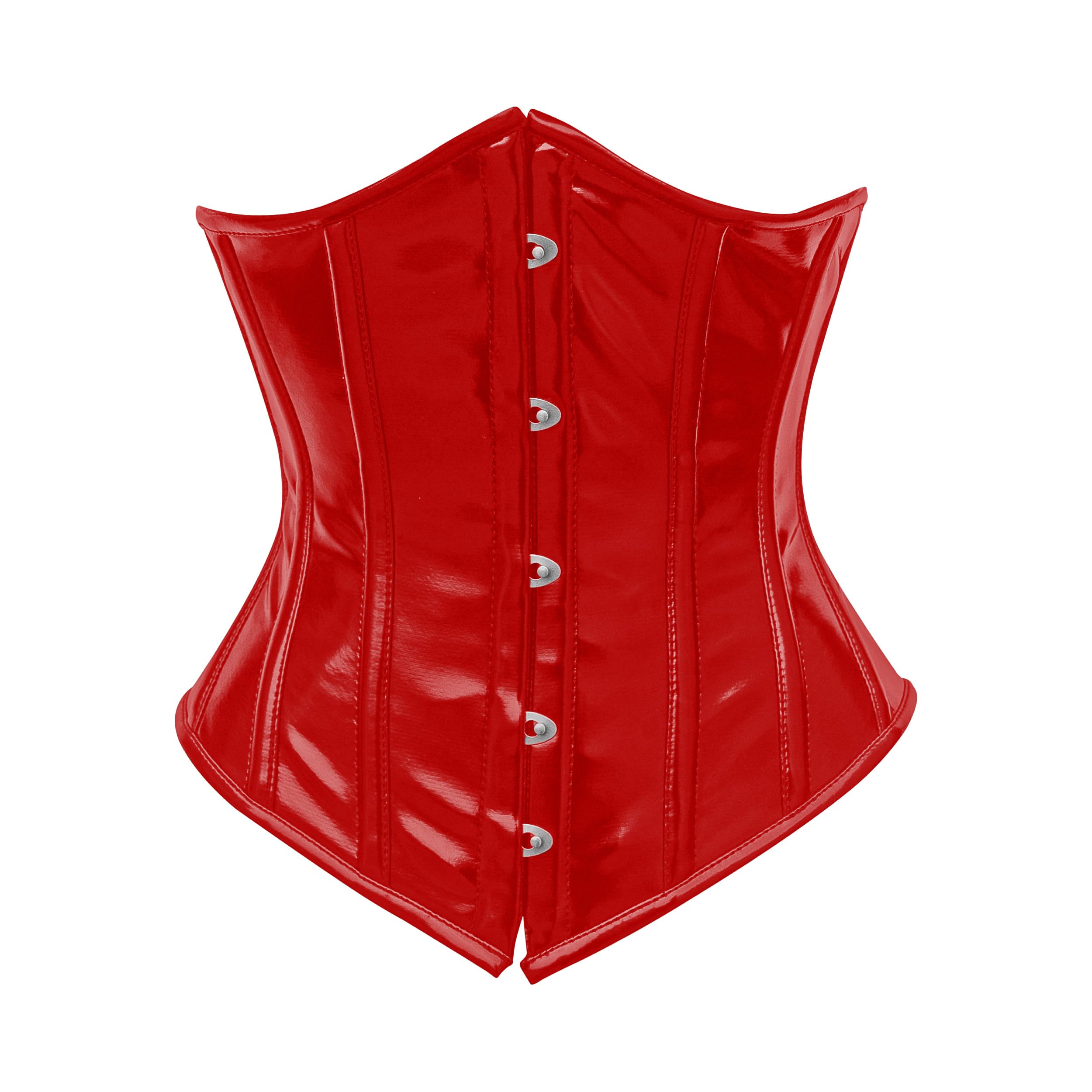 OH WEARS Women Black Pvc Basque and Corsets Underbust Waist Training Corset Black Vinyl Shapwear With Tight Lace up Plus Size Corset Steel Boned Waist Cincher (UK, Alpha, XXL, Regular, Regular, Red)