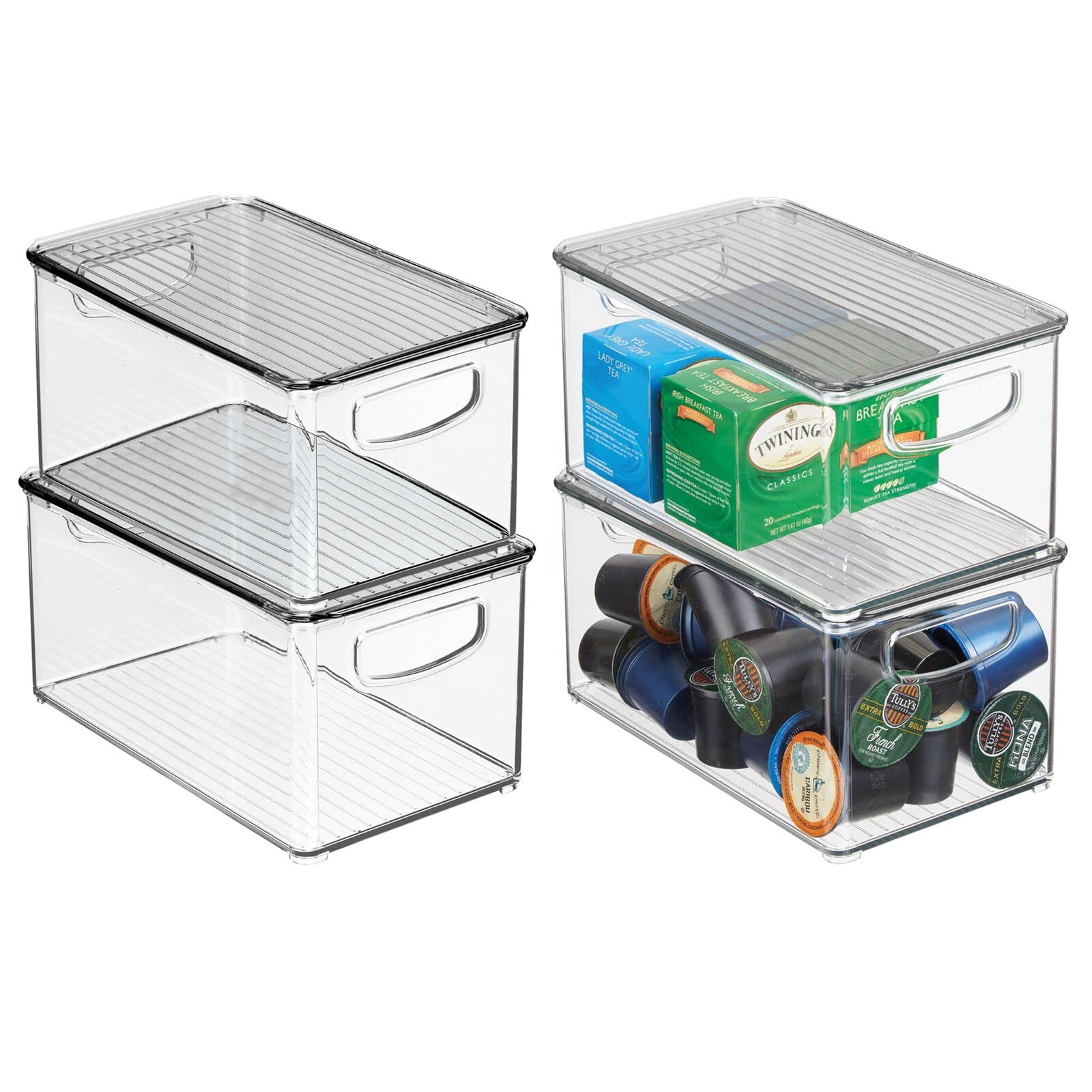 Photo 1 of **PARTIAL SET MISSING 2 LIDS** mDesign Plastic Deep Storage Bin Box Container with Lid and Built-In Handles - Organization for Fruit, Snacks, or Food in Kitchen Pantry, Cabinet, Cupboard, Ligne Collection, 4 Pack, Clear/Smoke Gray