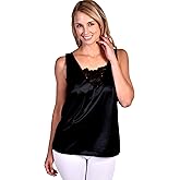 Patricia Lingerie Women's Soft Silky Satin Under Blouse Sleeveless Camisole with V-Neck Floral Lace Trim and Wide Straps