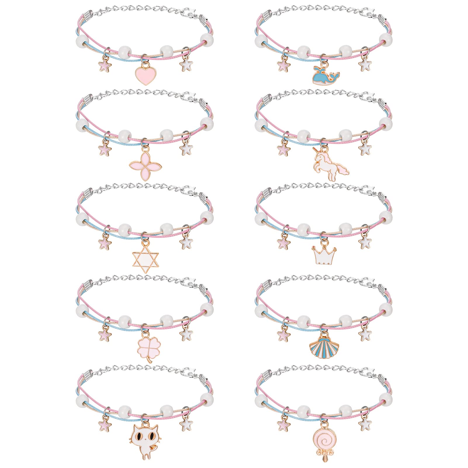 Pinenuts 10-Piece Friendship Bracelets for Girls, Adjustable Kids Unicorn Braided Bracelets, Colorful Ceramic Beads