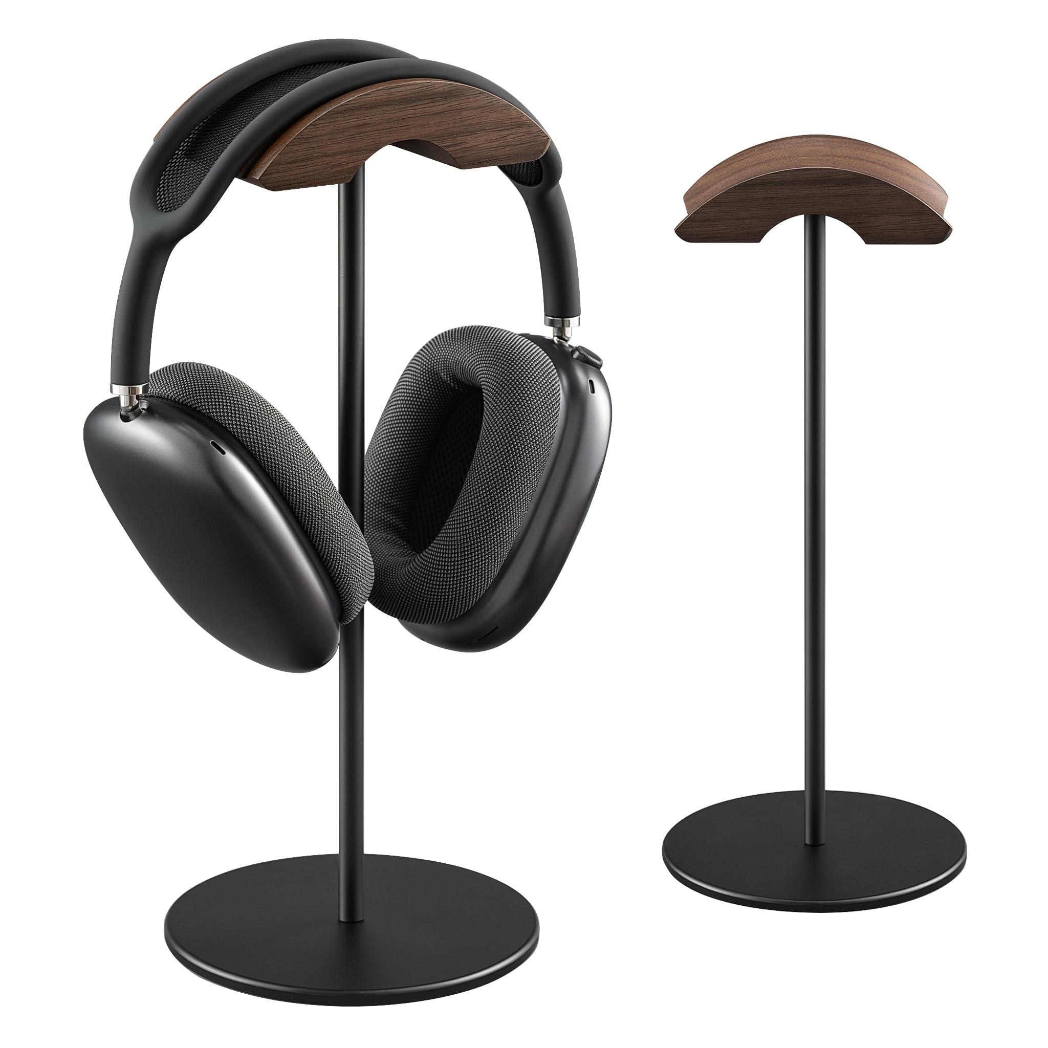 QinCoon Headphone Stand, Walnut Wood & Aluminum Headset Stand, Nature Walnut Gaming Headset Holder with Solid Heavy Base for All Headphone Sizes (Black)