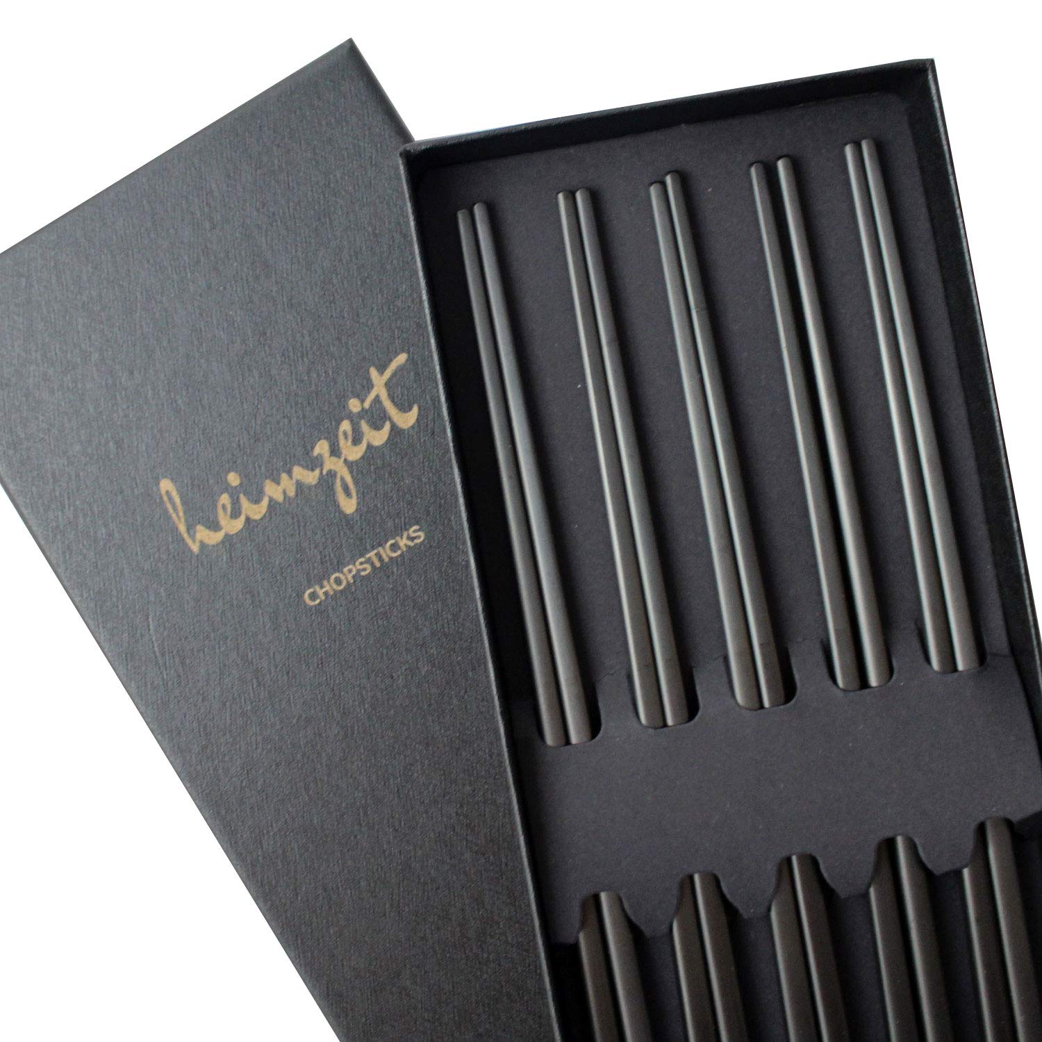 heimzeit Metal Chopsticks Made of Stainless Steel, Black, 5 Pairs in a Stylish Design, Reusable and Dishwasher Safe