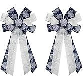 2PCS Christmas Wreath Bows Christmas Decor Bows Navy Blue Snowflake Ribbon Bows for Wreath, Christmas Tree Topper Bows for Christmas Party Decoration Home Indoor Outdoor Xmas Wreath Ornament Supplies