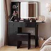 Haewon Vanity Desk Set with Lighted Mirror and Chair for Bedroom, Black | Makeup Table with 3 Lighting Modes, Built-In Charging Station, Storage Cabinet and Drawers