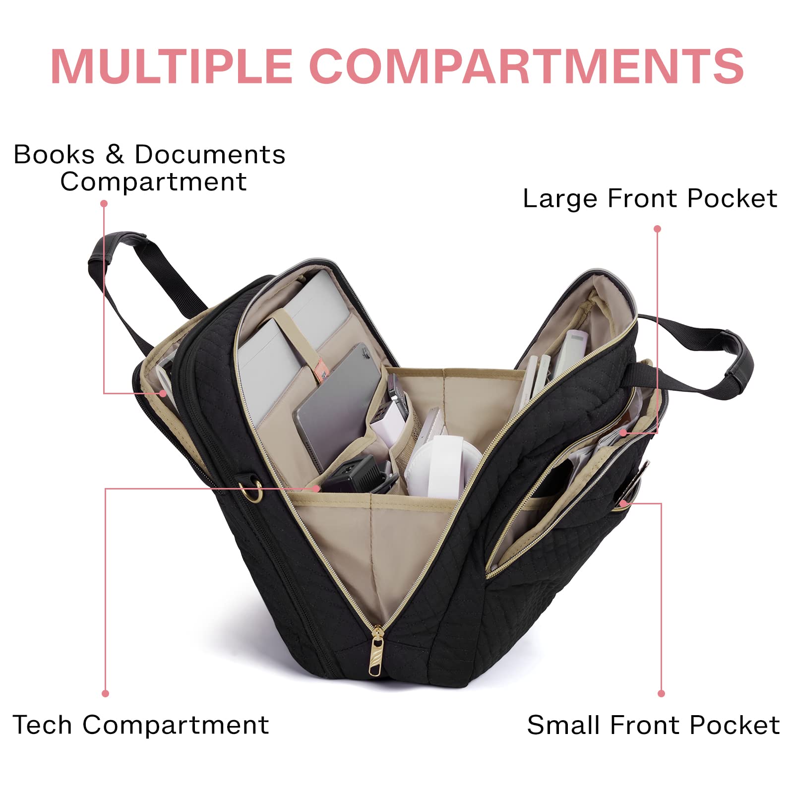 BAGSMART 17.3 Inch Laptop Bag Expandable Briefcase for Women Large Computer Bag for Business Office Travel, Quilted Black