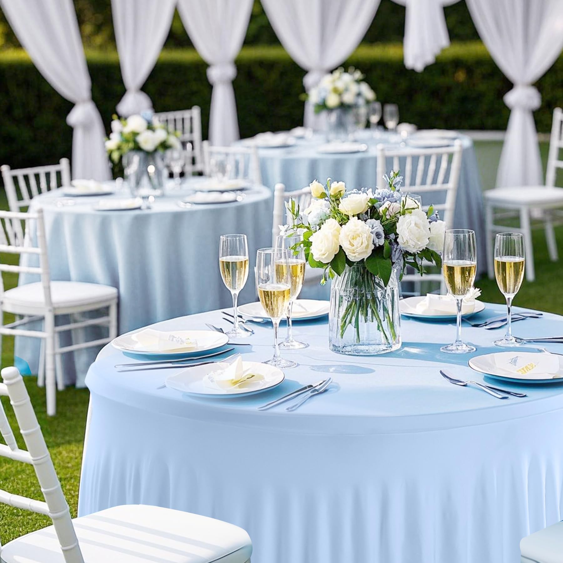 GALLETY Baby Blue Table Cloth for 5FT Round Tables, Fitted Spandex 120 inch Round Tablecloth, Wrinkle Free Table Skirt for Receptions Birthday Photography Party Social Events Baby Showers Decorations