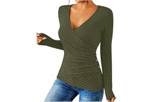 Womens Deep V Neck T Shirts Casual Long Sleeve Ribbed Knit Pullover Side Button Sexy Wrap Slim Fitted Sweaters Tops
