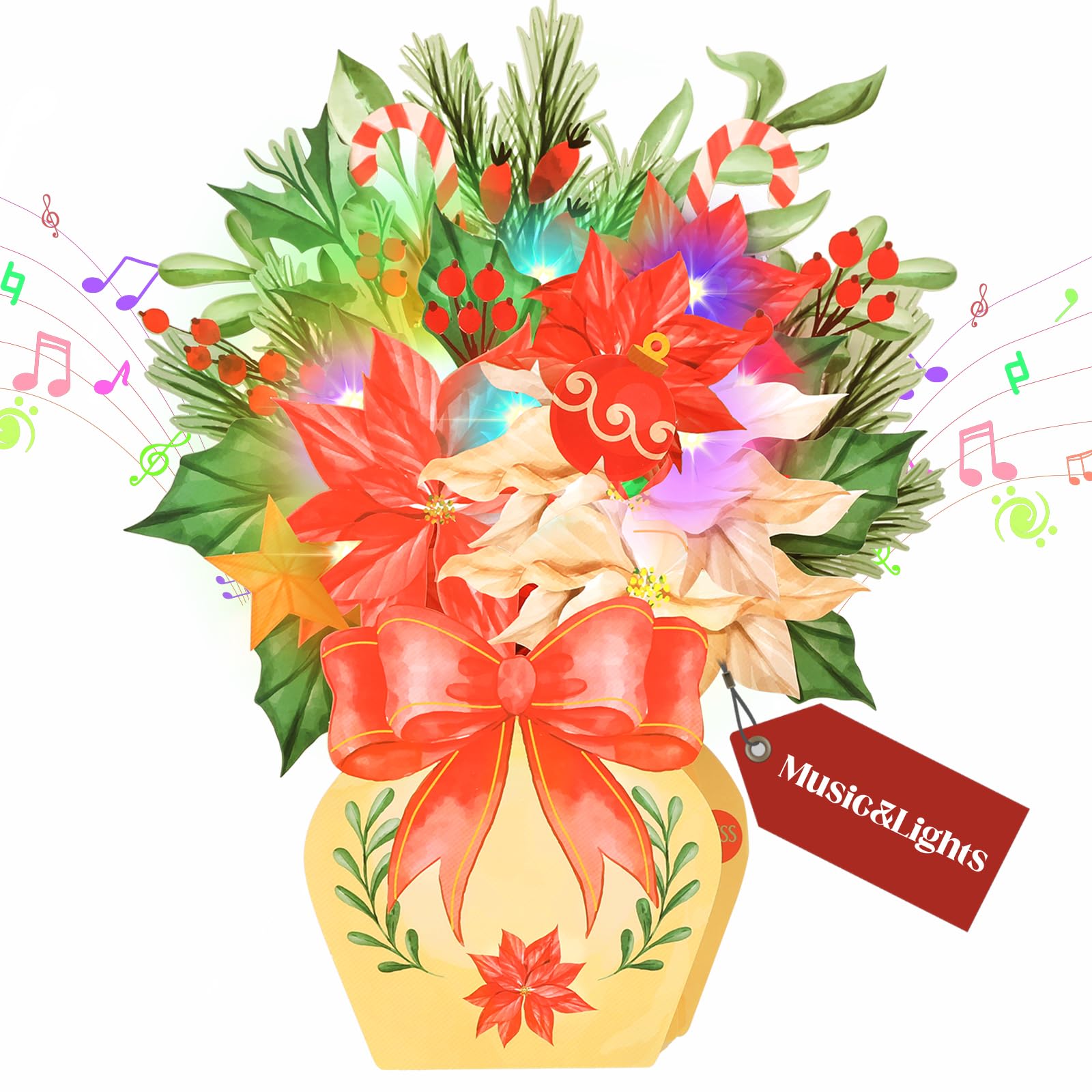 Christmas Card, Musical Christmas Card w lights for Women, Pop-up Paper Flower Bouquet Xmas Card for Girls, Kids, Wife, Daughter, Granddaughter, Mum, Xmas Gift Press to Play Music