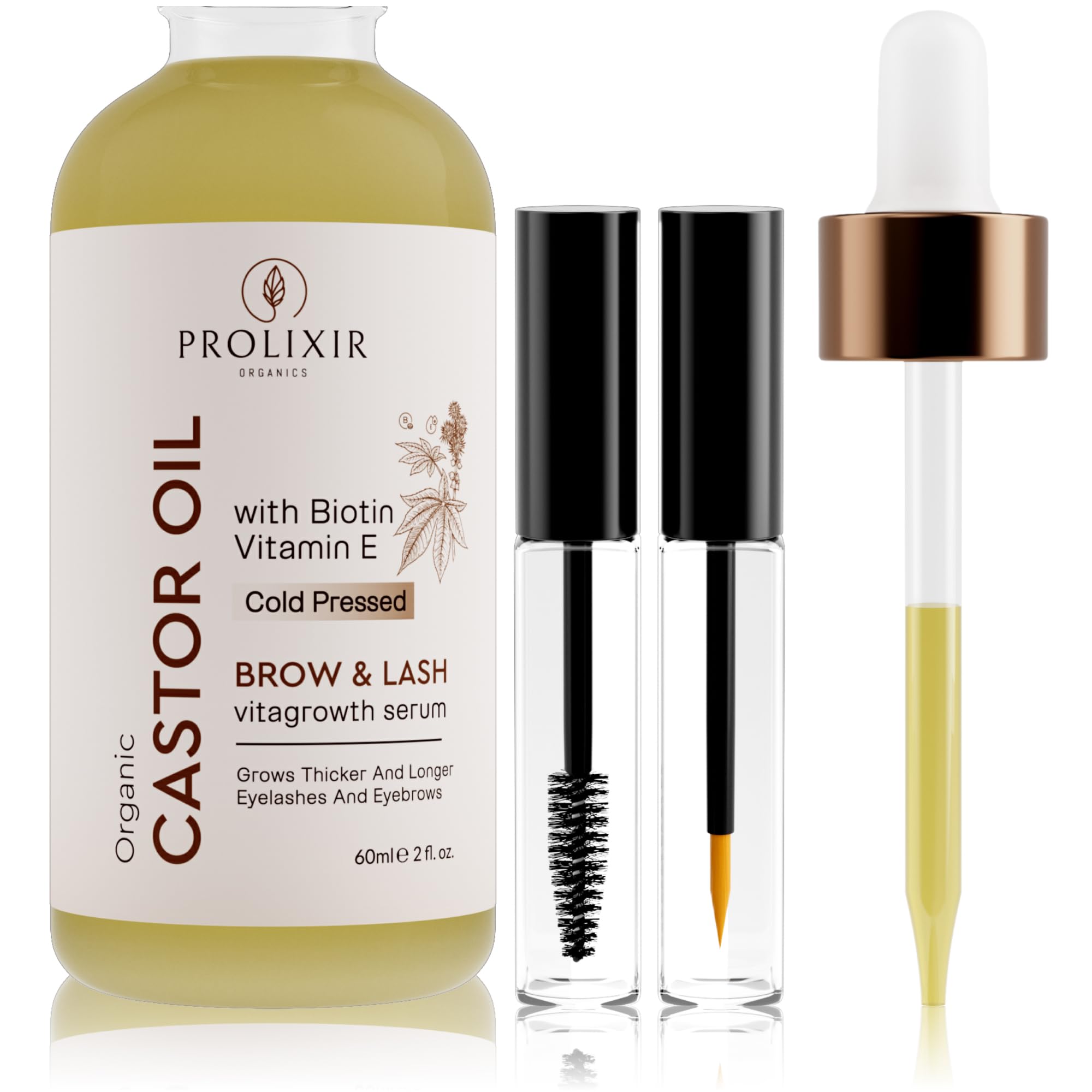 PROLIXIR Organic Castor Oil 60mls with Biotin & Vitamin E - Growth Serum for Eyebrows, Eyelashes, Hair, Nails & Skin - Cold Pressed, 100% Pure, Vegan, Cruelty Free - Mascara kit with Pipette and Wands