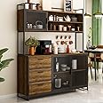 ECACAD Modern Wood Sideboard Buffet Storage Cabinet with Hutch, 3 Metal Mesh Doors, 3 Drawers & Shelves, Kitchen Pantry Cupboard Console Table for Living Room, Dining Room, Brown
