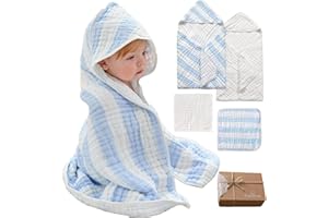 HardNok Muslin Hooded Baby Towel 4 Pack, Preuim Muslin 6 Layers Natural Cotton Baby Bath Towels, Soft and Comfortable for Boys,Girls (32 x 32, Blue Striped and White)