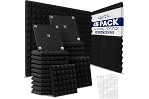 Kaspien Sound | 48 Pack | High Density Acoustic Foam Wall Panels | Pyramid Shape | Double Sided Adhesive Tape | Sound Absorbing Acoustic Panels | Sound Proof Foam Panels For Walls | 12x12x2inch