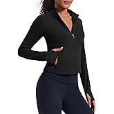 PINSPARK Women Cropped Workout Jackets Full Zip Slim Fit Athletic Jackets Thumb Holes Running Jacket with Zipper Pockets