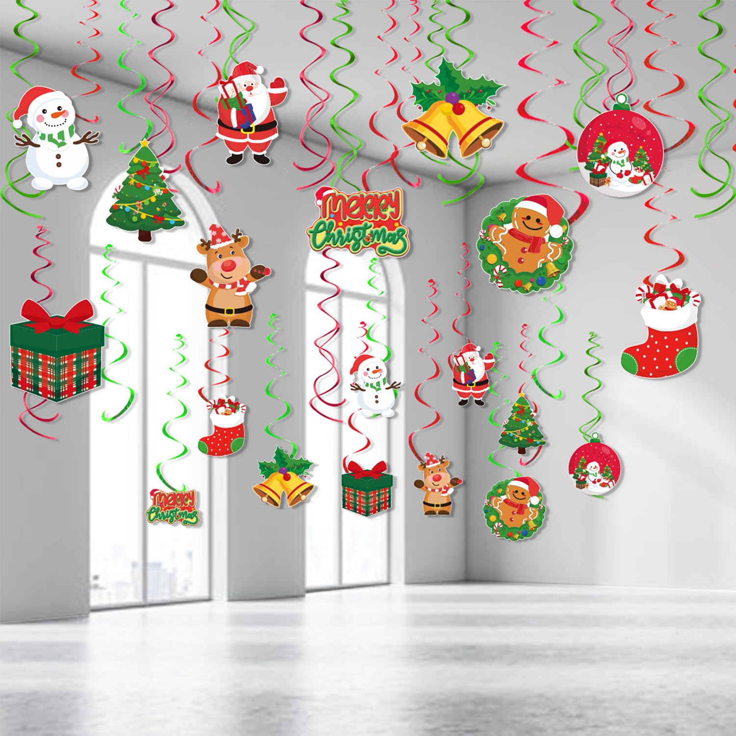 OWill 40 Pcs Christmas Swirl Ceiling Hanging Decorations Set Xmas Ceiling Decor Snowman Hanging Foil Indoor Decorations for Happy Christmas Holiday Party Supplies