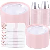 I00000 350 Pcs Clear and Pink Plastic Plates Dinnerware Set for 50 Guests