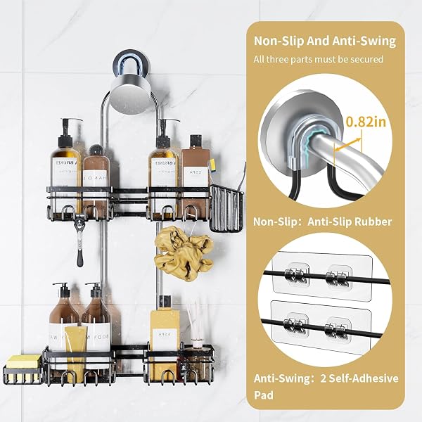 KEGII SHOWER CADDY HANGING FOR HANDHELD SHOWERHEADS, RUSTPROOF HANGING SHOWER ORGANIZER WITH SOAP DISH, TOOTHBRUSH HOLDER AND HOOKS, OVER SHOWERHEAD CADDY FOR BATHROOM