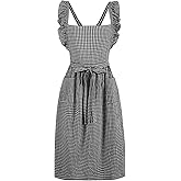 SeedBySea Vintage Gingham Apron Dress for Women, Pinafore with Ruffle Straps & 2 Pockets, Soft Cotton Apron for Cooking