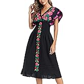 YZXDORWJ Women's Mexican Fashion Dress V Neck Ruffle Floral Embroidered Dress