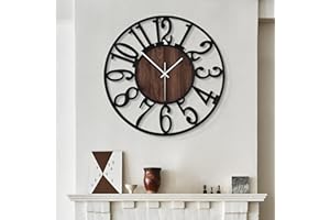 LEIKE Large Wall Clocks,Silent,Non Ticking,Battery Operated Rustic Round Modern Big Wood Wall Clock for Living Room, Bedroom,Kitchen,Farmhouse,Office,Home Decor-16 Inch(Black-Arabic Number)