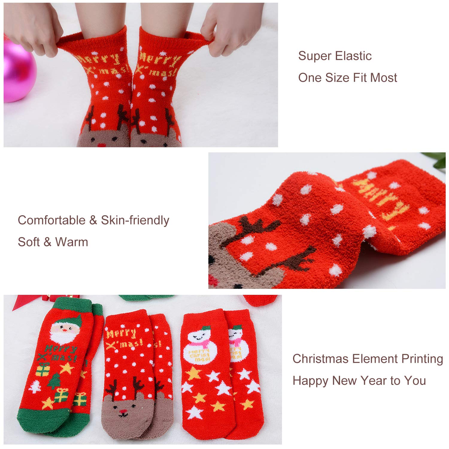 Womens Christmas Fuzzy Socks, Fascigirl 6 Pairs Winter Warm Cozy Xmas Home Socks Holiday Socks Cute Slipper Socks for Women Christmas Gifts for Kids Girls