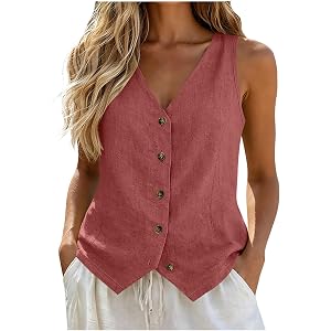 YANEAGOILED Linen Vest Tops for Women Summer Button Down Sleeveless Shirts Cotton Linen V Neck Tank Dressy Work Gauze Vests