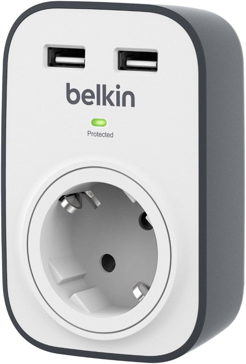 Belkin BSV103 SurgeCube - Protección contra sobretensiones con un zócalo y 2 puertos de carga USB con un total de 2.4 A, blanco