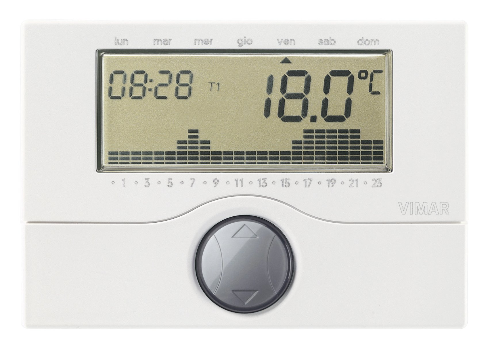 VIMAR 01910 Electronic Battery-Timer-Thermostat for ON/Off Ambient Temperature Control (Heating and air-Conditioning), Daily/Weekly Programming, White
