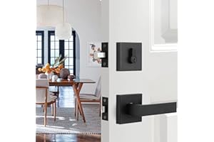 GUA OYH Front Door Lock Set Matte Black Entry Door Handle Sets with Single Cylinder Deadbolt & Square Lever, Heavy Duty Front Door Handleset Door Handles for Front Door or Office Door, MB_LocksetPS