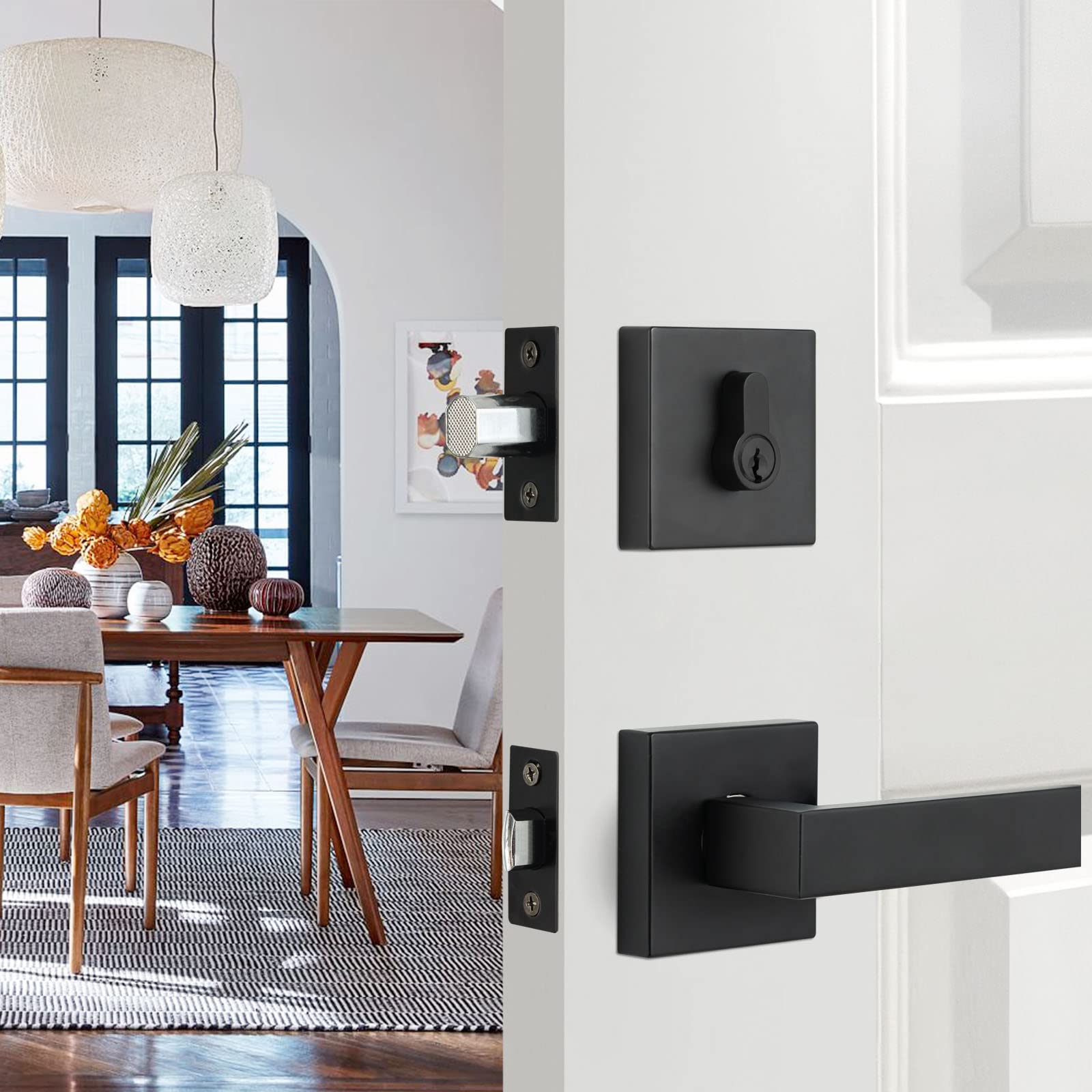 GUA OYH Front Door Lock Set Matte Black Entry Door Handle Sets with Single Cylinder Deadbolt and Square Lever, Heavy Duty Front Door Handleset Door Handles for Front Door or Office Door