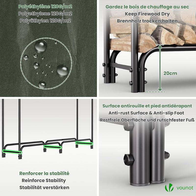 ® Soporte de Madera de 2 Metros | Estante de Registro de Chimenea | Registro de leña con Tapa Verde | Soporte de Almacenamiento de Madera para Interiores al Aire Libre — foto 6 de 8