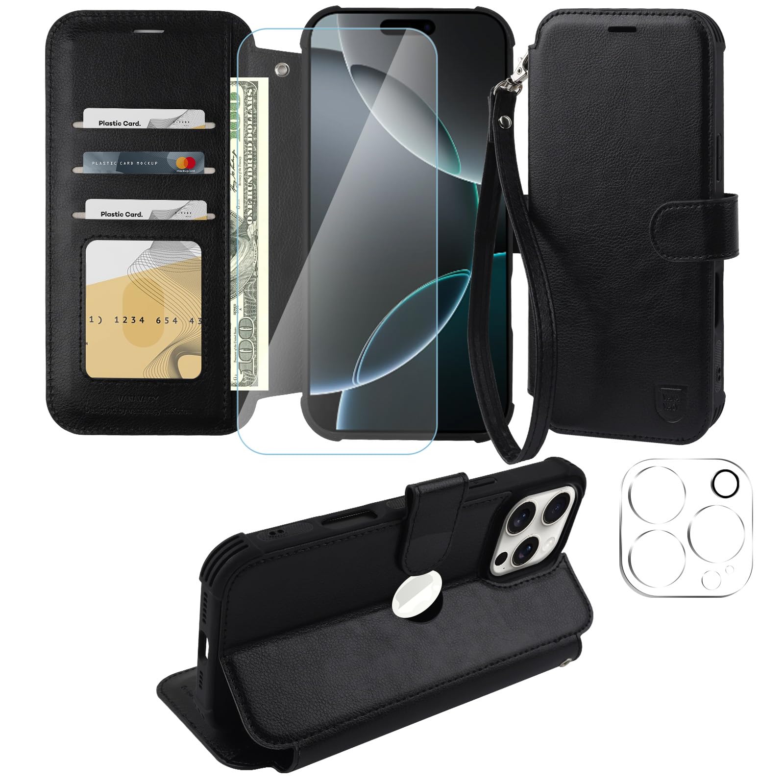 VANAVAGY Compatible for iPhone 16 Pro Max Wallet Case, 12ft Drop Protection, RFID Blocking PU Leather Flip Cover, Card Holder & Kickstand, Shockproof Phone Case for 16 Pro Max-6.9 Inch,Black