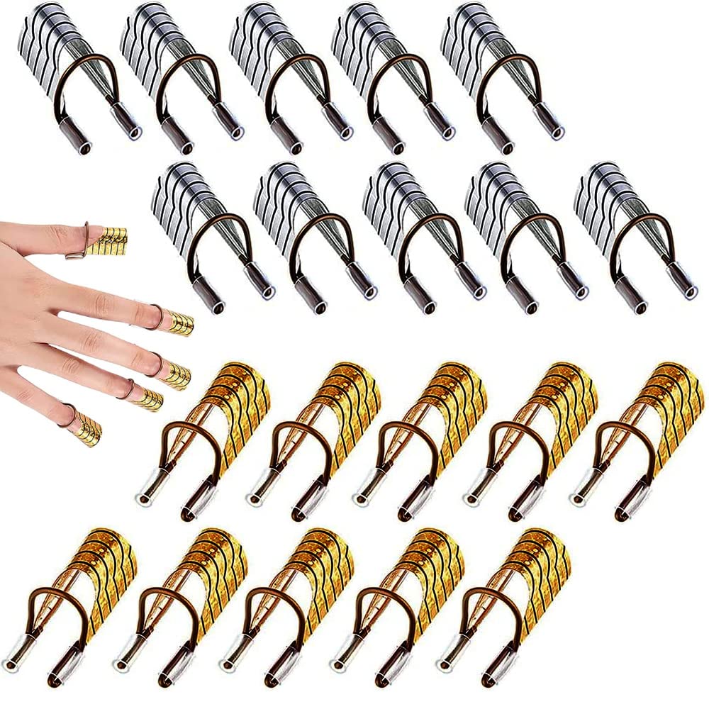 Reusable Aluminum Nail Tools, 20 Pieces Nail Art Forms Guide, Nail Art Extension Forms Guide Protector, Nail Tips DIY Tools, for Nail Art Manicure Accessory Nail Salon Home Supply, Gold Silver Color