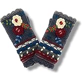 Ella Sussman Hand Knit Fingerless Embroidered 2 Flower Gloves Embroidered Wool Fleece Lined Texting Mittens Arm Warmers