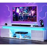 Lamtor TV-Stand for 85 Inch TV - Led TV Stand with Power Outlet, Modern Entertainment Center with Glass Shelf, High Glossy Gaming TV Media Console for Living Room, White