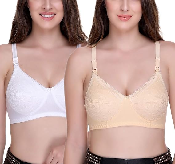 Women's Feeding Bra Full Cup Hosiery Cotton Breastfeeding Nursing Maternity (Multicoloured) Combo Pack of 2